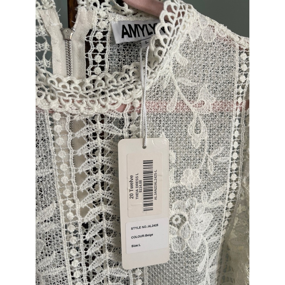 NWT Amy Lynn Theia Lace Mini Dress Beige Floral Bell Sleeve Mock Neck Large - Picture 3 of 7